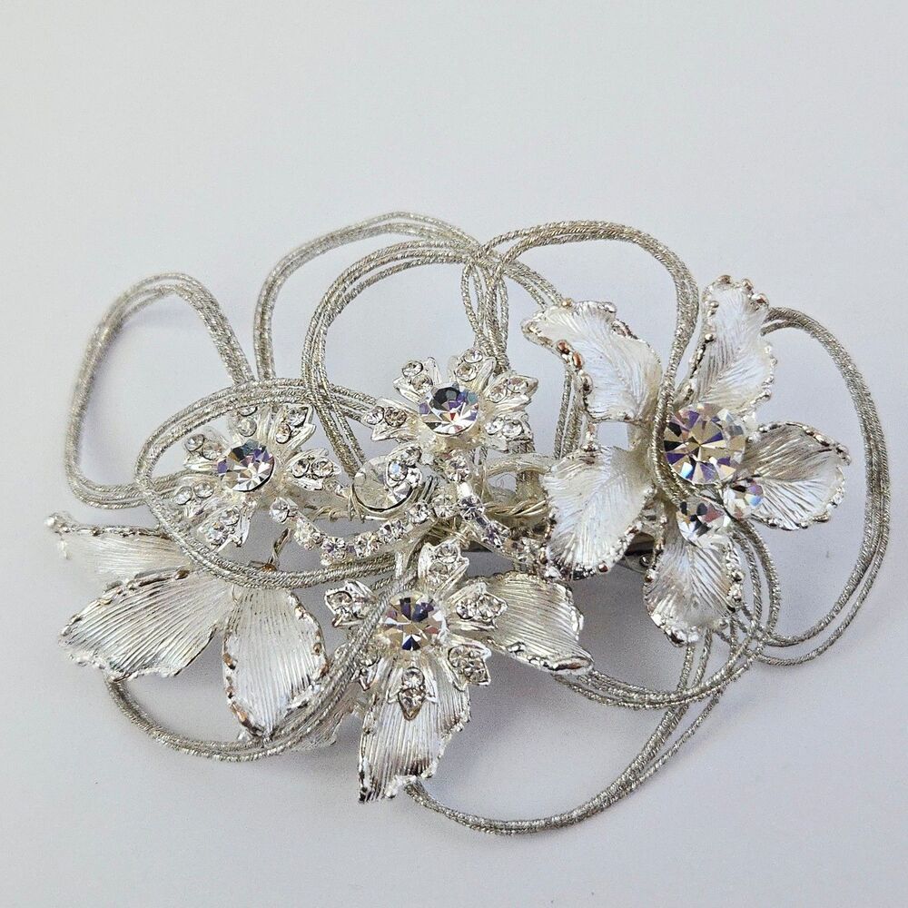 Vintage Style Silver Tone Floral Hair Clip Wire Wrapped Crystal Bridal Vine Prom